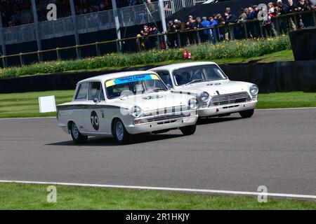 Justin Law, Rob Huff, Ford Lotus Cortina Mk1, Alex Brundle, Julian Thomas, Ford Lotus Cortina Mk1, Jim Clark Trophy, 45 Minuten, zwei Fahrer r Stockfoto