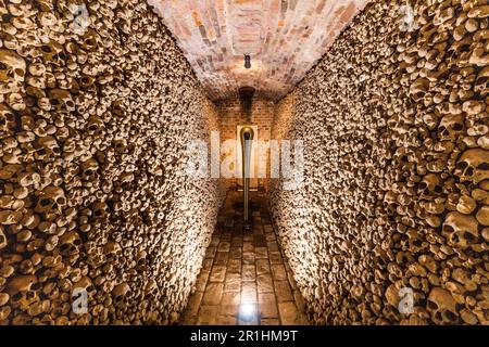 BRÜNN, TSCHECHIEN - 7. SEPTEMBER 2021: Unterirdisches Ossarium unter der Kirche St. James in Brünn, Tschechische Republik Stockfoto