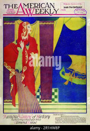 „Helen of Troy“, veröffentlicht am 14,1929. April im American Weekly Sunday Magazine, gemalt von Edmund Dulac. Der alten Legende nach war Helen von Troja die schönste Frau der Welt. Sie wurde von jedem Prinzen und Junggesellenkönig umworben. Sie wählte Menelaus, den König von Sparta. Zwanzig Jahre lang waren sie glücklich. Eines Tages besuchte Paris, der Sohn des Königs Priam von Troja, so schön wie Helen war, König Menelaus. Paris verliebte sich in Helen, und während Menelaus auf einer Reise war, brachte sie sie nach Troy. Menelaus rief sofort seine Amtskollegen von Griechenland auf, seine Unehre zu rächen. Stockfoto