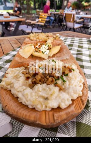 Teller mit traditionellen slowakischen Gerichten - Kapustove Strapacky (Knödel mit Kohl), bryndzove Pirohy (Pirogi mit bryndza Schafskäse) und bryndzove h Stockfoto