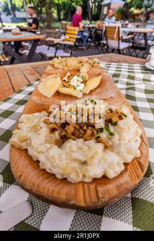 Teller mit traditionellen slowakischen Gerichten - Kapustove Strapacky (Knödel mit Kohl), bryndzove Pirohy (Pirogi mit bryndza Schafskäse) und bryndzove h Stockfoto