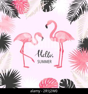 Tropische Sommervektordarstellung mit Aquarellflamingo und Palmenblättern. Stock Vektor