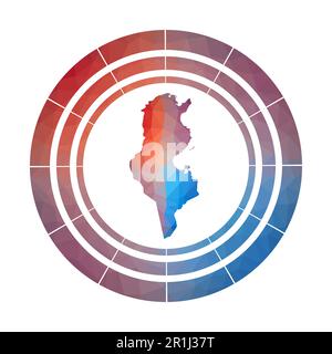 Tunesisches Abzeichen. Leuchtendes, abgestuftes Landlogo in niedriger Poly-Optik. Mehrfarbiges abgerundetes tunesisches Schild mit Karte im geometrischen Stil für Ihre Infografiken. Stock Vektor