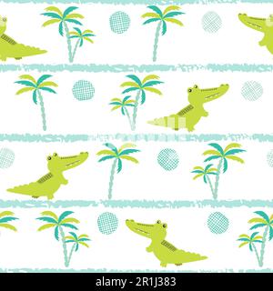 Nahtloses Cartoon-Krokodilmuster. Vektorkindlicher Hintergrund mit Alligatoren und Handflächen. Stock Vektor