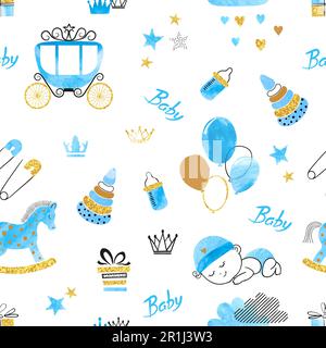 Baby Shower Boy – Nahtloses Muster. Vector Aquarell Kinder Hintergrund. Stock Vektor
