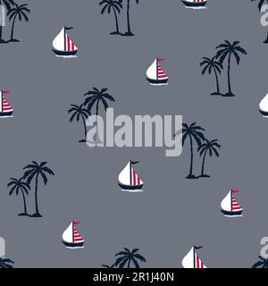 Meer, Sommer, nahtlos mit Palmen und Booten. Stock Vektor