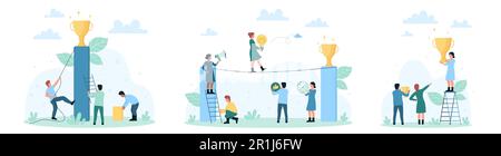 Geschäftsleute klettern für Erfolg Trophäen-Set Vektordarstellung. Kleine Zeichentrickfiguren klettern auf die Leiter zum Siegertop, Champion mit goldenem Preisträger und Glühbirne, arbeiten im Team zusammen, um den Preis zu gewinnen Stock Vektor