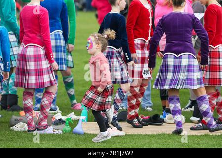 Gourock, Großbritannien. 14. Mai 2023. Die ersten Highland Games der Saison 2023 fanden im Battery Park, Gourock, Schottland, statt, als Wettbewerber von Scottish Country Dancing, Pfeifenbänder und die traditionellen „Scottish Highland Heavy“-Wettbewerbe stattfanden. Kredit: Findlay/Alamy Live News Stockfoto