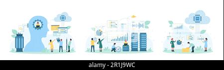 Big Financial Data, Handelsanalyse, Vektordarstellung. Cartoon Tiny People analysieren Börsenstatistiken, Diagramme und Diagramme mit Cloud Analytics Service und Software, künstlicher Intelligenz Stock Vektor