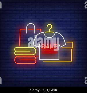 Verkauf Neon-Schriftzug, T-Shirt, Einkaufstasche, Kiste und Kleidung Stock Vektor