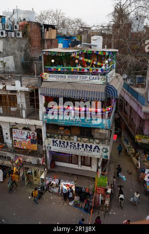 Blick auf das Krishna Dachcafé in Paharganj, Neu-Delhi, Indien Stockfoto