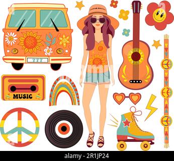Hippie Groove Retro-Ikonen mit Mädchen Hippy im Stil von 70s bis 80s Jahren. Abbildung eines flachen Vektors. Stock Vektor