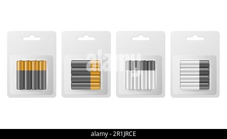 Vector 3D realistische vier Alkali-Mangan-Batterien in Papier Blister Symbolgruppe Nahaufnahme isoliert. Größe AA, horizontale und vertikale Position. Konstruktionsvorlage für Stock Vektor