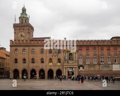 Palazzo d'Accursio Fassade, Piazza Maggiore, Bologna Stockfoto