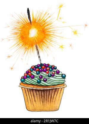 Aquarell-Muster mit festlichem Schrank, Streuseln und Birthday-Burning-Glitzer-Kerze, isoliert auf weißem Hintergrund. Aquarell handgezeichnete Geburtstagskarte, Postkarte. Stockfoto