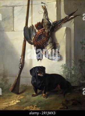 Jagd, Jagdmotiv, der Dackshund Pehr mit Jagdgewehr, Gemälde von Jean-Baptiste Oudry, historische, digital restaurierte Reproduktion eines Originals aus dem 19. Jahrhundert / Jagd, Jagdmotiv, der Dackel Pehr mit erlegtem Wild und Jagdgewehr, Gemälde von Jean-Baptiste von Vorlage Oudry, Historisch, digitale Restauration aus dem 19. Hundert Stockfoto