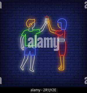 Mann und Frau geben sich gegenseitig High Five Neon-Zeichen Stock Vektor