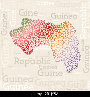 Kartendesign für Guinea. Ländernamen in verschiedenen Sprachen und Kartenform mit geometrischen niedrigen Poly-Dreiecken. Fantastische Vektor-Illustration von Guinea. Stock Vektor