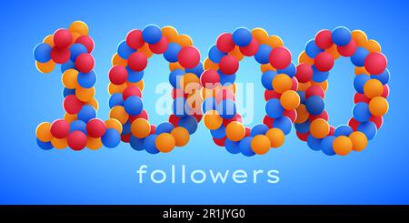 1K oder 1000 Follower bedanken sich mit bunten Ballons. Freunde aus sozialen Netzwerken, Follower, feiern Abonnenten oder Follower und Likes. Vektordarstellung Stock Vektor