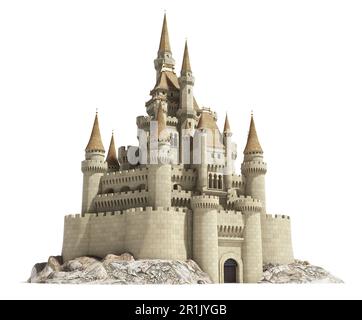 Altes Märchenschloss auf dem Hügel, isoliert auf Weiß. 3D Abbildung Stockfoto