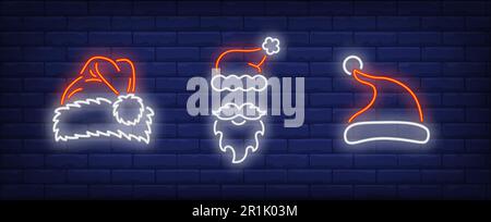 Weihnachtsmannhüte und Bärte, Neonschilder Stock Vektor
