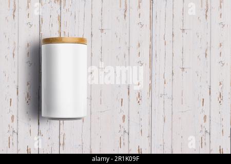 Auffüllen, weiße Keramikdose isoliert auf weißem Holzhintergrund. Geeignet für Ihr Designprojekt. Stockfoto