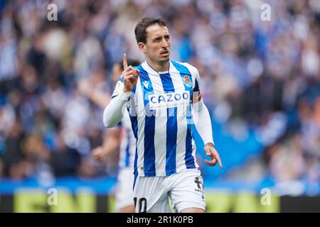 Mikel Oyarzabal von Real Sociedad reagiert, nachdem er während des Fußballspiels der spanischen Meisterschaft La Liga zwischen Real Sociedad und dem FC Girona am 13. Mai 2023 in der reale Arena in San Sebastian, Spanien, Tor 1-0 erzielte – Foto: Ricardo Larreina/DPPI/LiveMedia Stockfoto