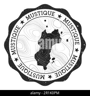 Mustique Outdoor Stempel. Runder Aufkleber mit Karte der Insel mit topografischen Isolinien. Vektordarstellung. Kann als Abzeichen, Logo, Label, sti verwendet werden Stock Vektor