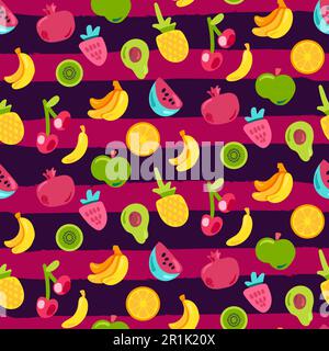 Frische Beeren Sommerfrüchte Mix Nahtloses Muster. Leuchtend Bemalte Ananas, Orangefarbener Hintergrund. Lustige Kirschen Kiwi und Avocado mit schwarzem Umriss. Kid P Stock Vektor