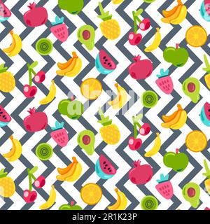 Bemalte Beeren Sommerfrüchte Mischen Nahtloses Muster. Leuchtende Ananas, Orange im Zickzack-Hintergrund. Kirschen, Kiwi und Granatäpfel mit schwarzer gepunkteter Linie. Stock Vektor