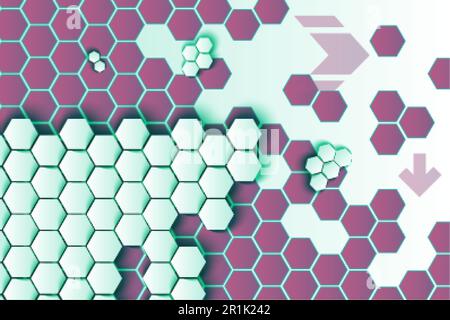 Vektorhintergrund für Sechsecke und Pfeile. 3D weiße Wabenstruktur auf violettem sechseckigem Hintergrund Stock Vektor