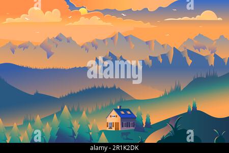 Eine minimalistische Vektordarstellung des Hauses in den Bergen. Malerischer Sonnenuntergang, Sonnenstrahlen auf Gipfeln, Bäume Stock Vektor