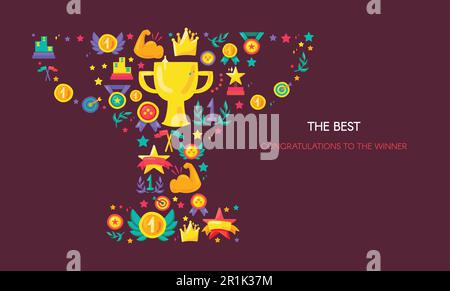 Sportliche Leistung, Siegesvektor-Banner. Trophäenform mit flachen Symbolen. Erfolg, Triumph Stock Vektor