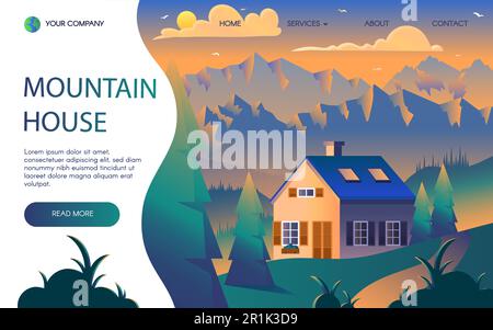 Vorlage für Landing-Page mit flachem Vektor in den Bergen. Webseite mit Werbeaktion für Waldfreizeitaktivitäten und Werbetexten Stock Vektor