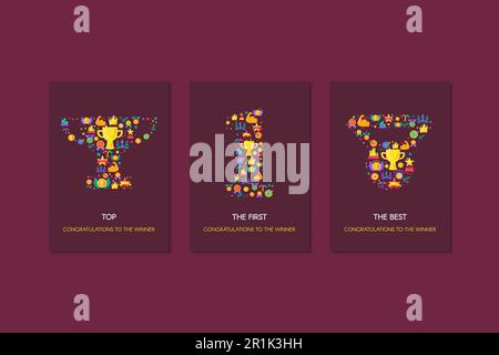 Sportleistung, Erfolgsvektorposter. Farbenfrohe Banner mit Glückwunsch zum Gewinner und Text Stock Vektor