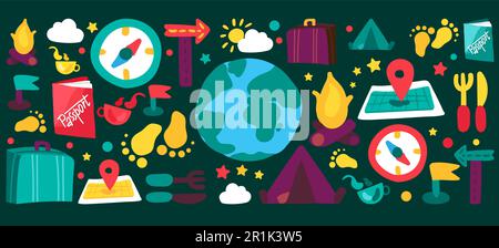 Zeichentrickset für Camping und Reisen. Erholung im Freien, Erholung, Tourismus, Urlaub Stock Vektor