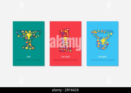 Sportleistung, Erfolgsvektorposter. Farbenfrohe Banner mit Glückwunsch zum Gewinner und Text Stock Vektor