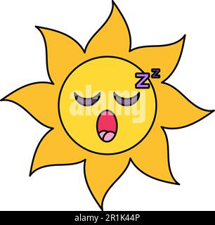 Schlafende Sonne-Emoji-Modelldarstellung. Erschöpftes, träumendes Emoticon. Zeichentricksticker für soziale Medien Stock Vektor