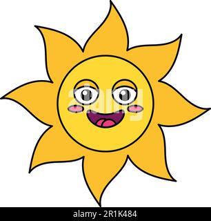 Happy Sun Emoji Modellzeichnung. Gelbes Emoticon, Cartoon-Aufkleber in sozialen Medien mit Erröten Stock Vektor