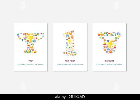 Sportleistung, Erfolgsvektorposter. Farbenfrohe Banner mit Glückwunsch zum Gewinner und Text Stock Vektor