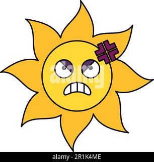 Umrisszeichnung des Aufklebers „Angry Sun“. Wütende, schlechte Laune Emoticon. Social-Media-Cartoon-Wutemoji Stock Vektor