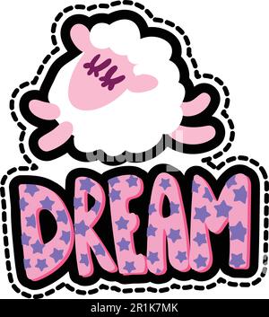 Schafe mit Traumschrift genähter Rahmenaufnäher. Schlafendes Lamm, flacher Aufkleber. Strichlinie niedliche Zeichnung Stock Vektor