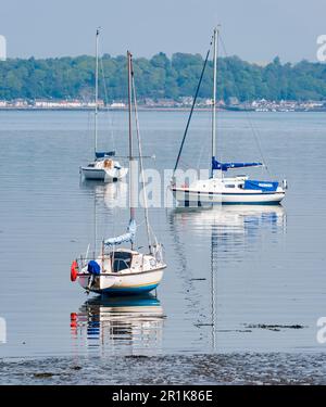 Festgemachte Segelboote in ruhigem Wasser an einem sonnigen Tag, Firth of Forth, Schottland, Großbritannien Stockfoto