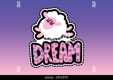 Schafe mit Traumschrift genähter Rahmenaufnäher. Schlafendes Lamm, flacher Aufkleber. Strichlinie niedliche Zeichnung Stock Vektor