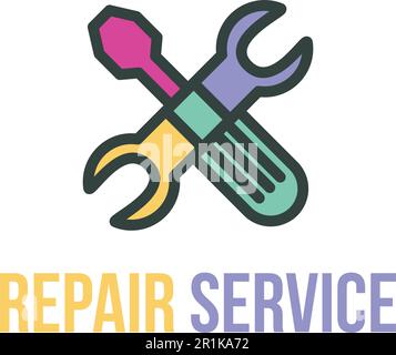 Design des Vektorlogos für Reparaturservice. Schraubenschlüssel und Schraubendreher. Isolierter Umriss für die Autowerkstatt Stock Vektor