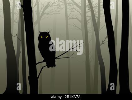 Silhouette einer Eule im nebligen Wald Stock Vektor