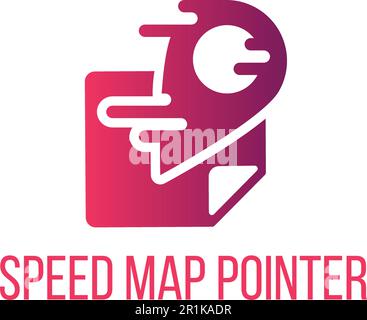 Zeiger mit Geschwindigkeitskarte Schriftzug Vektorsymbol-Design. Flacher GPS-Navigator, Logodesign der Lieferfirma Stock Vektor
