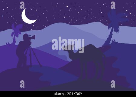 Wildtiere, Naturfotografen, flache Illustration. Minimalistische Nachtlandschaft mit Kamel, Mond, Palmen Stock Vektor