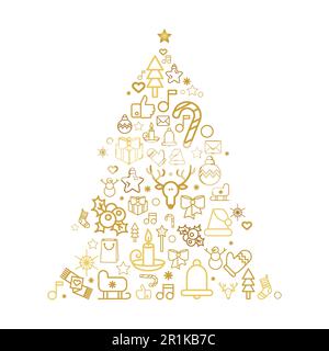 Weihnachtsbaumsilhouette mit linearen Feiertagssymbolen. Grußkarte Tannenbaum mit festlicher Dekoration Stock Vektor