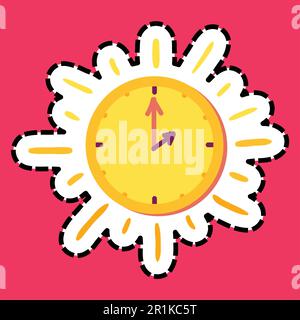 Farbiger Aufkleber mit genähtem Rahmen und Sonnenuhr. Dash-Line-Uhr. Sehen Sie sich das handgezeichnete Vektorelement an Stock Vektor